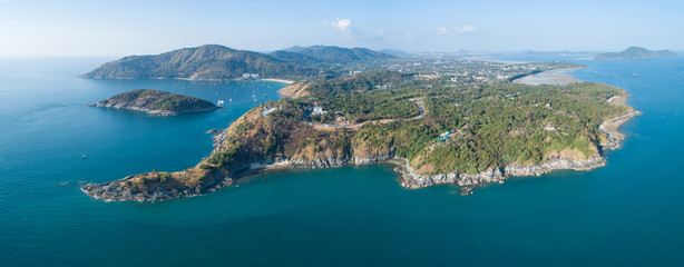 Obraz premium Aerial view drone shot of panorama laem promthep cape,beautiful scenery andaman sea in summer season,phuket thailand Beautiful travel background and website design nature background