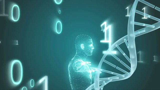 Animation of man prototype surrounded of dna and big data