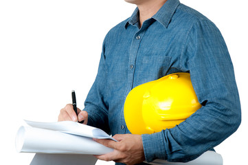 Architecture draw home and building in perspective at the paper and hold blueprint on white background.