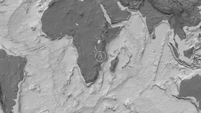 Malawi area presented against the global bilevel map in the Fahey projection with animated oblique transformation