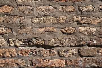 Empty Old Brick Wall Texture. Painted Distressed Wall Surface. Grungy Wide Brickwall. Grunge Red Stonewall Background. Shabby Building Facade With Damaged Plaster.