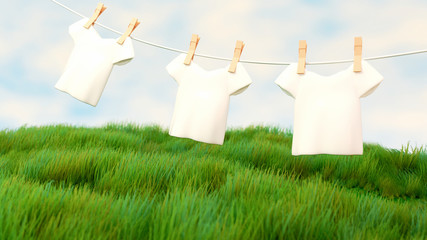 3d rendering picture of clean white t-shirts hanging on the clothesline above green grass field. Concept of outdoor laundry.