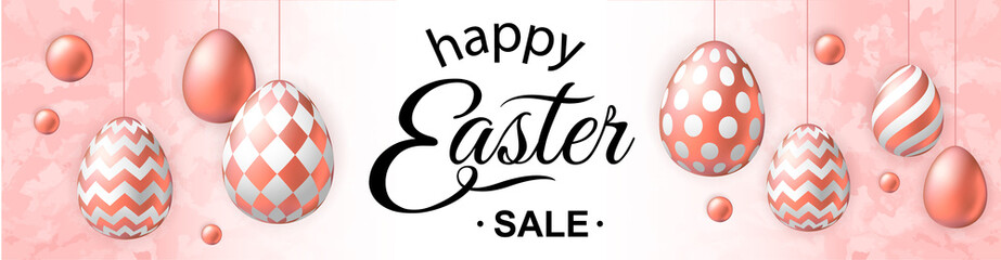 Happy Easter banner with realistic pink golden eggs on textured background. Template of 3d easter eggs with patten for card, invitation, sale, web, post. Greeting card trendy design