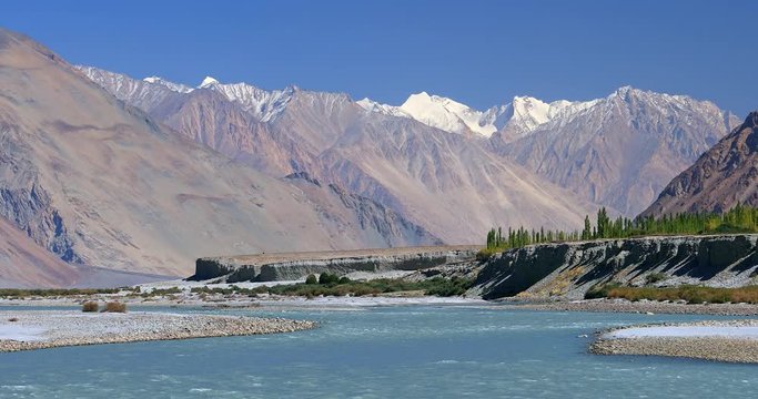 Curves of Shyok river in Ladakh against high Himalaya mountains, north India