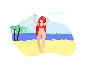 Happy Woman Make Selfie Standing on Summer Beach