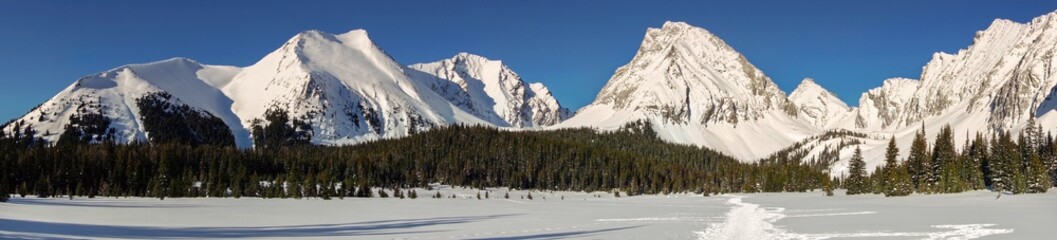 Wide Panoramic Landscape of Snowy Mountain Peaks Snowshoeing on a cold Winter Day in Kananaskis Country, Alberta Canada