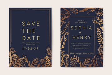Wedding invitation card with gold flower and leaves  frame set isolated on luxury backgrounds - Vector - obrazy, fototapety, plakaty