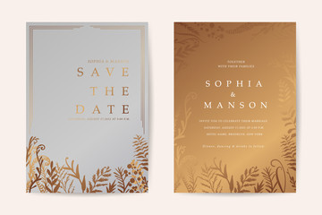 Wedding invitation card with gold flower and leaves  frame set isolated on luxury backgrounds - Vector
