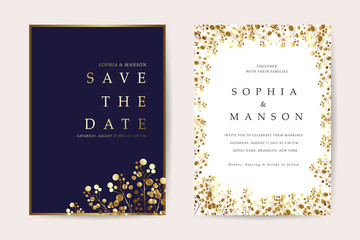 Wedding invitation card with gold flower and leaves frame set isolated on luxury backgrounds - vector
