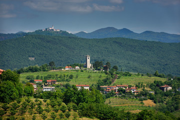 View of Church of the Holy Cross in Kojsko and Sveta Goro Holy Mountain with Basilica of the...