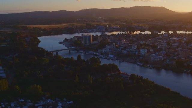 aerial view of downtown Valdivia during sunrise, Region de Los Rios, Chile