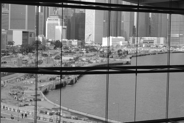 Hong Kong beautiful urban cityscape with business buildings through a window