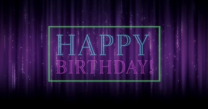Animation of happy birthday text in a rectangle sparking 4k