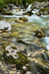 Karst rocks at alpine Lepenica river in Spring at Sunikov Vodni Gaj Nature Preserve in Triglav...