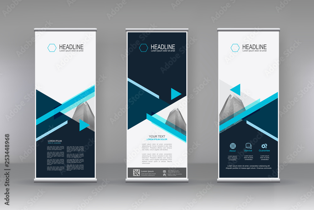 Poster vector vertical banner. banner design in three different shape with building illustration. abstract 