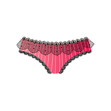 Red tangas with ruffled waist and openwork edges isolated on white background