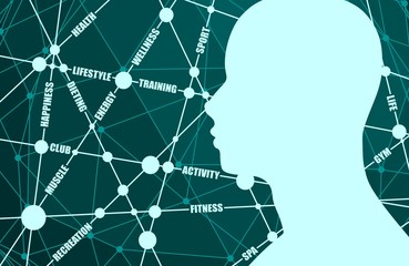 Tags cloud. Fitness relative vector brochure, report or flyer design template. Scientific medical designs. Molecule And Communication Background. Connected lines with dots.