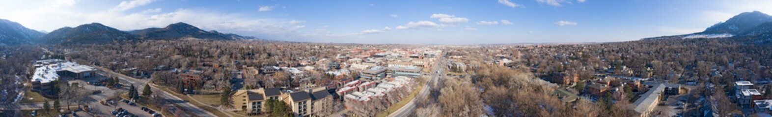 Fototapeta na wymiar Boulder Colorado 360 Aerial Panoramic Landscape University River and Downtown Sunny Winter Day