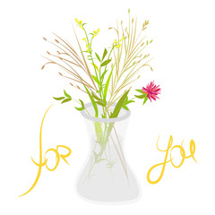 Bouquet of wild flowers in glass vase. Hand drawing, lettering For You. Isolated vector drawing in scandinavian style. For postcards, invitations, valentines.
