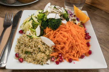 Stockholm, Sweden.A health and vegan plate with carrots, cous cous, broccoli