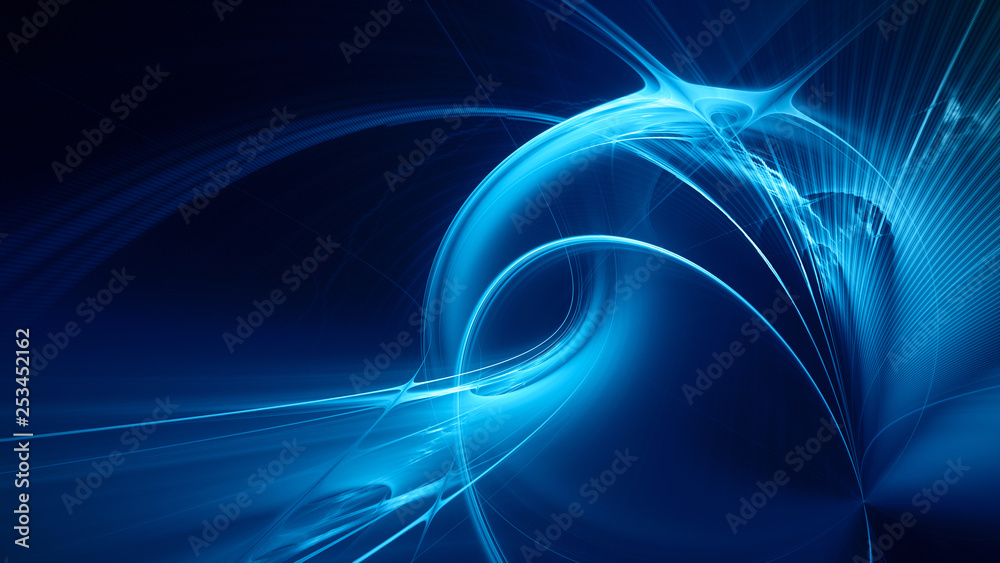 Wall mural abstract blue on black background texture. dynamic curves ands blurs pattern. detailed fractal graph