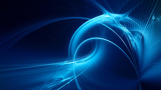Abstract blue on black background texture. Dynamic curves ands blurs pattern. Detailed fractal graphics. Science and technology concept.