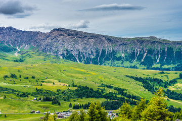 Fototapeta na wymiar Alpe di Siusi, Seiser Alm with Sassolungo Langkofel Dolomite, lush green field in Seiser Alm Puflatsch Bullaccia