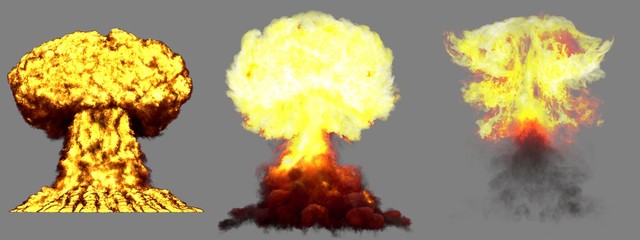 Fototapeta premium 3D illustration of explosion - 3 large high detailed different phases mushroom cloud explosion of atom bomb with smoke and fire isolated on grey
