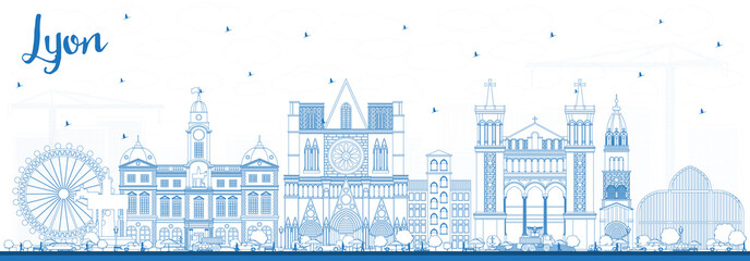 Outline Lyon France City Skyline with Blue Buildings.