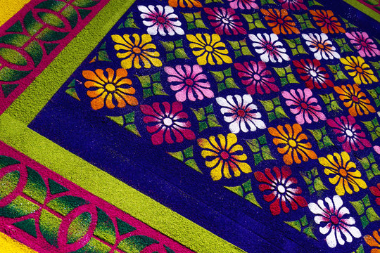 Alfobre, sawdust carpet made for Semana Santa Easter in El Calvario, Antigua, Guatemala