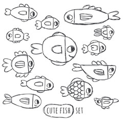 Cute handdrawn fish set isolated on white