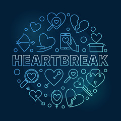 Heartbreak vector round blue outline illustration on dark background 