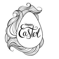 Black white greeting card with egg and wavy hairy curls and handwriting lettering Happy Easter. Vector card