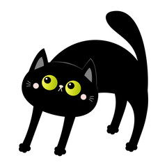 Frightened black cat arch back. Screaming kitten. Hair fur stands on end. Green eyes, fangs, moustaches whisker. Cute funny cartoon character. Happy Halloween. White background. Flat design.