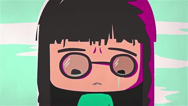 Animation of crying girl, cartoon character with dark hair and glasses, which is getting angry. Close-up.