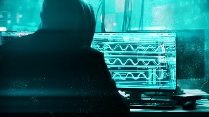 Animation of the unrecognizable computer hacker in black jacket with grey hoody hacking artificial neural network in technology enviroment. Data security concept.