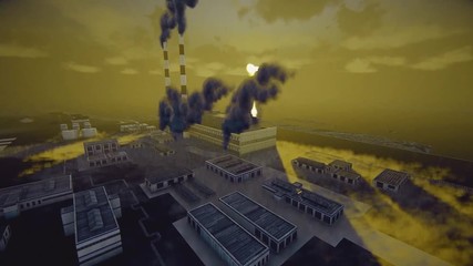 Abstract animation of the industrial accident, black and yellow smoke blowing the sky. Environment pollution.