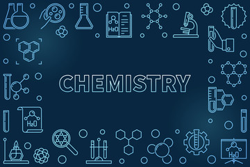 Chemistry blue concept horizontal frame in thin line style - vector illustration on dark background