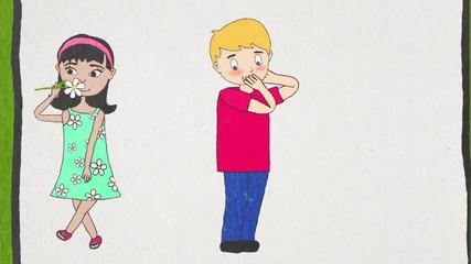 Animation of cartoon boy giving a flower to a girl and she is kissing his cheek. Teens relationships.