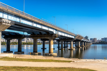Han river with Mapogyo Bridge at Yeouido Hangang Park in Seoul, Korea..