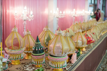 Bride price set in deluxe plate in Thai wedding ceremony. traditional wedding ceremony. image for background, wallpaper, objects, article, illustration and copy space.