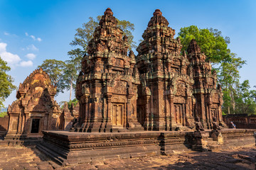 Sanctuaries and north library of Banteay Srei Temple, Cambodia