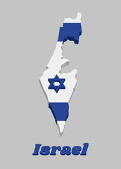 3D Map outline and flag of Israel, It depicts a blue hexagram on a white background, between two horizontal blue stripes.
