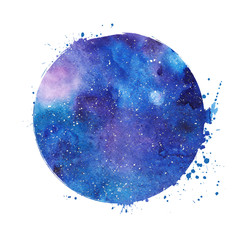 Grunge galaxy round frame. Blue cosmic background
