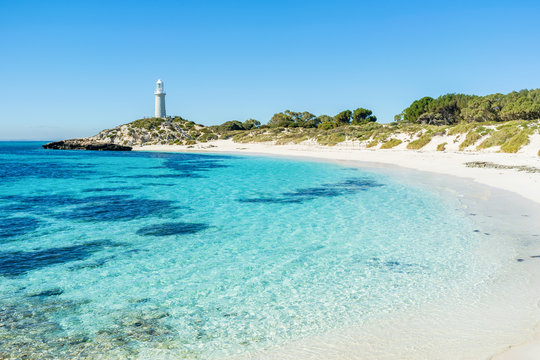 Pinky Beach is a popular beach on Rottnest Island. Crystal clear water during beautiful day on Rottnest Island, Perth, Western Australia.