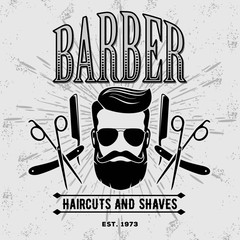 Barber shop vintage label, badge, or emblem on gray background. Vector illustration