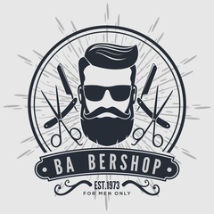 Barber shop vintage label, badge, or emblem on gray background. Vector illustration