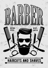 Barber shop vintage label, badge, or emblem on gray background. Vector illustration