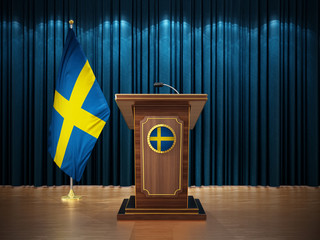 Press conference with flags of Sweden and lectern against the blue curtain. 3D illustration
