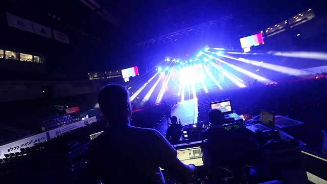 remote recordists closeup. Hand adjusts sound effects. Electric machine on table for working of sound designer or club dj at party in nightclub. Occupation for modern lifestyle, objects for listen at 